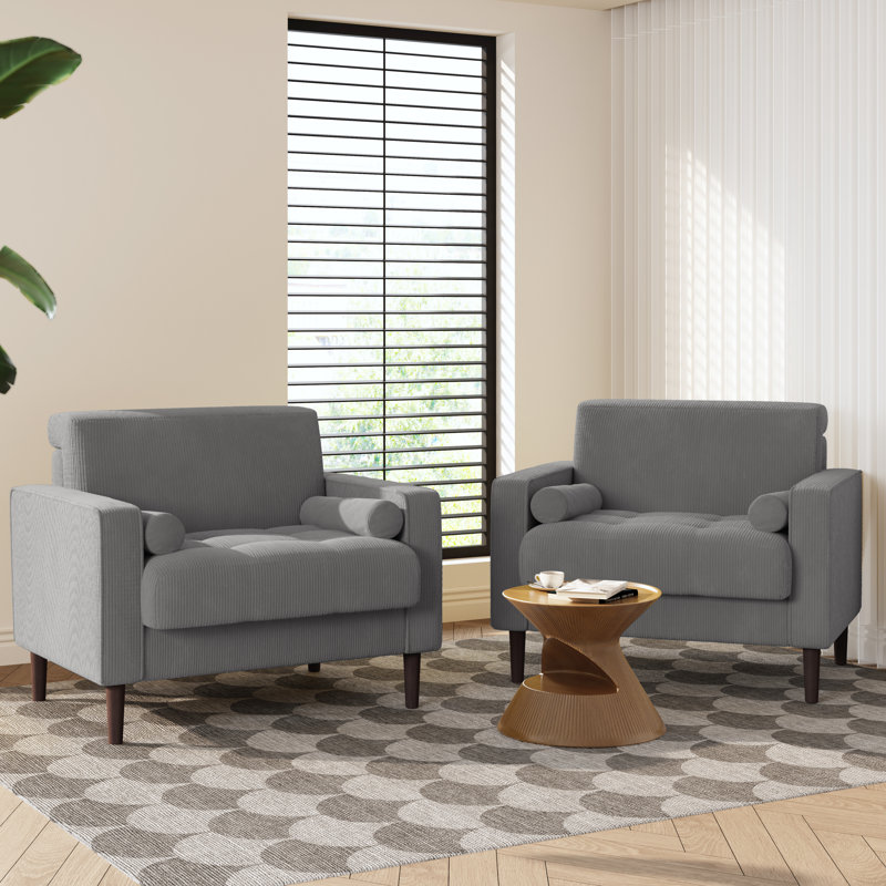 Iliana Upholstered Light Gray Corduroy Square Arm Tufted Club Chair with 2 Pillows, Light Gray Corduroy