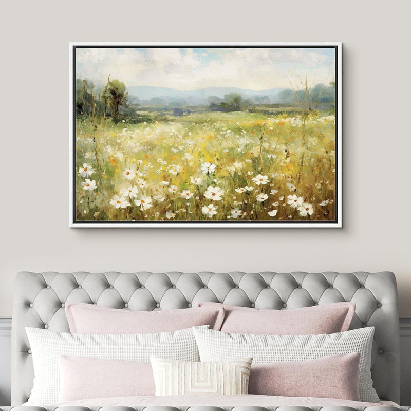 «Vibrant Wildflower White Daisy Flowers Meadow», impression sur toile, H 24 po x l 36 po, Reproduction avec cadre flottant
