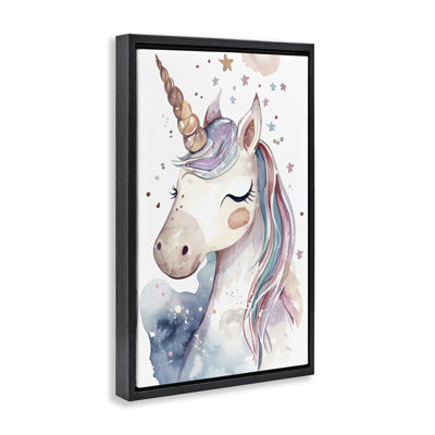 Mignonne licorne sous un cadre flottant sous les étoiles, design Creative Studio