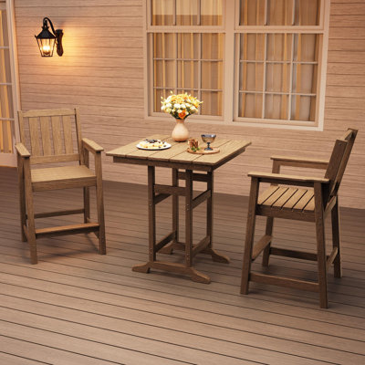 3-Piece HDPE Outdoor Bar Set - 39.6" Tall Pub Table with Umbrella Hole & 2 Counter Height Chairs, Weatherproof Patio Furniture for Backyard, Balcony & Bistro, Brown