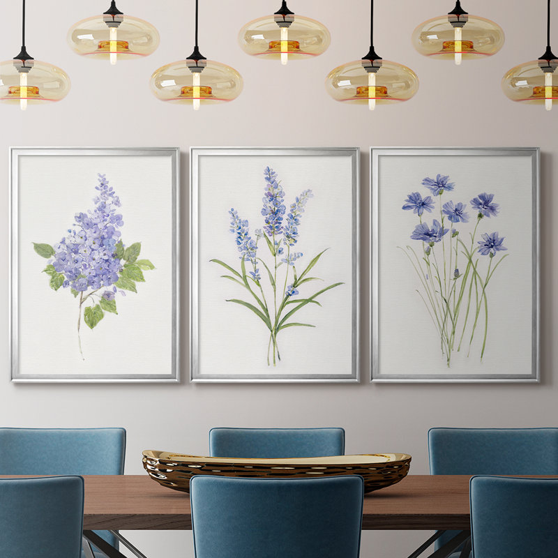 Lilas botanique délicat - Toile tendue avec châssis sur mesure - 3 pièces, H 27 po x l 57 po, Argent argent