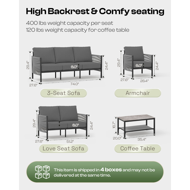 Canapé de patio 3 places en aluminium de 188 cm (74 po) avec coussins haute densité de 15 cm (6 po) d'épaisseur et tissu oléfine résistant aux intempéries