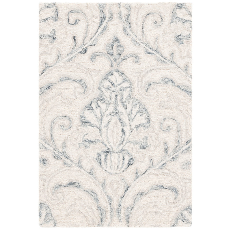 Hitchens Ikat Handmade Tufted Wool Grey/Navy Area Rug, Rectangle 2' x 3'