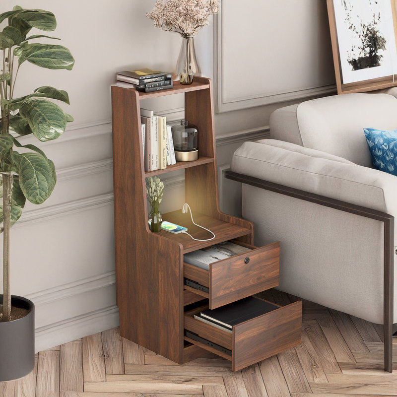 Modern Night Stand with Bookshelf, Wood
