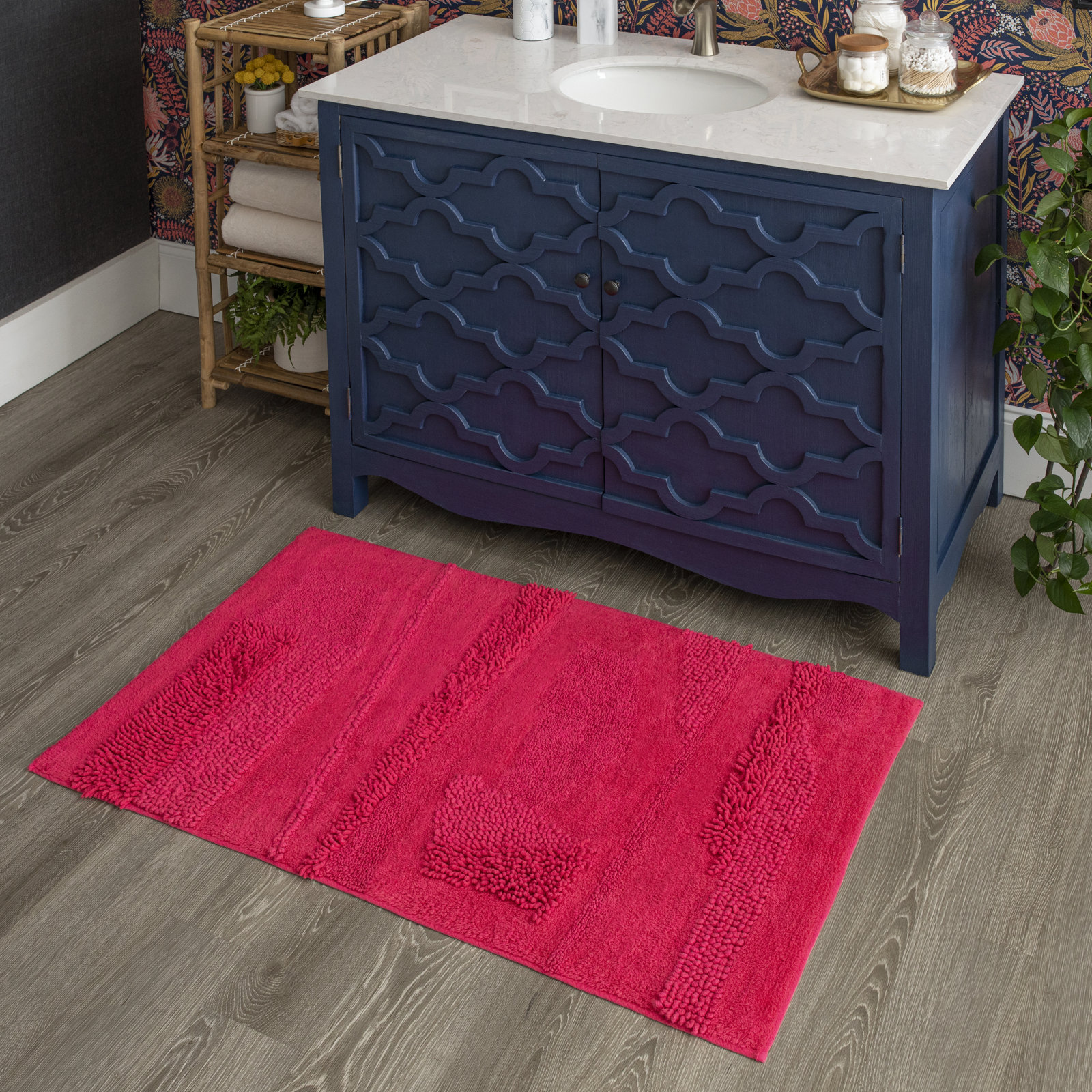 Laverne Solid Cotton Bath Rug, 27" W x 45" L, Fiesta Fuschia