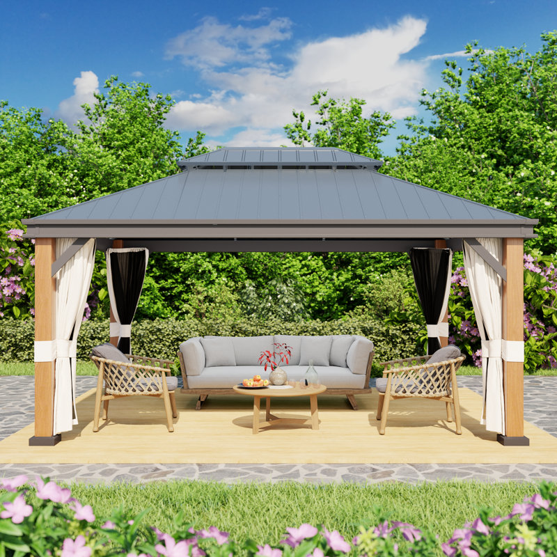 12 x 16ft Hardtop Aluminum Gazebo with Double-Layer Steel Roof - Wood Grain Outdoor Gazebo for Garden, Patio & Backyard