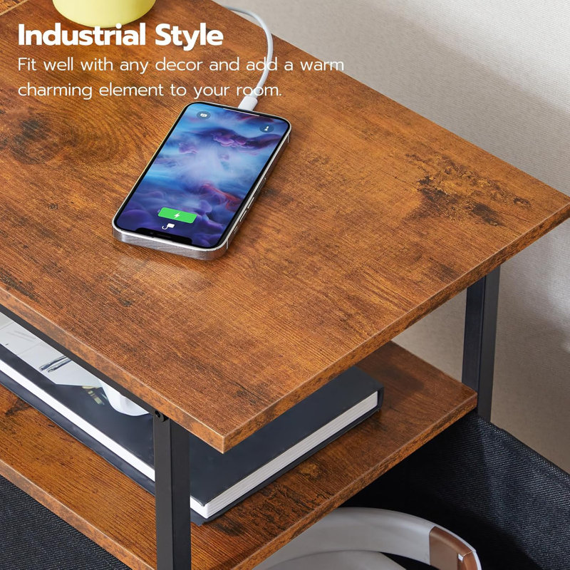 Layme Table with Charging Station, Narrow Side Table, Nightstand with 2 Non-Woven Drawers, Slim Sofa Side Table, for Small Spaces, Living Room, Bedroom, Rustic Brown and Black