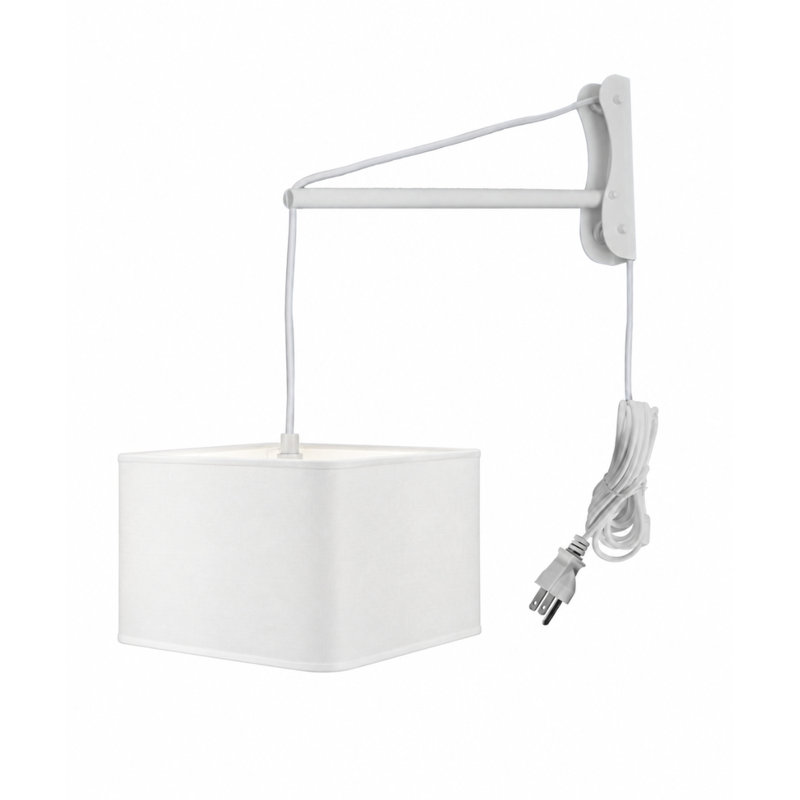 MAST Plug-In Wall Mount Pendant, 2 Light White Cord/Arm with Diffuser, Rounded Corner Square White Drum Shade 12"W