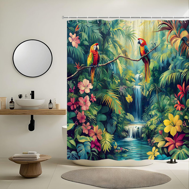 Ensemble de rideau de douche à motif de perroquet tropical avec crochets