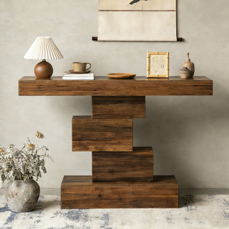 Table d'appoint en bois avec base géométrique, Rustic Brown