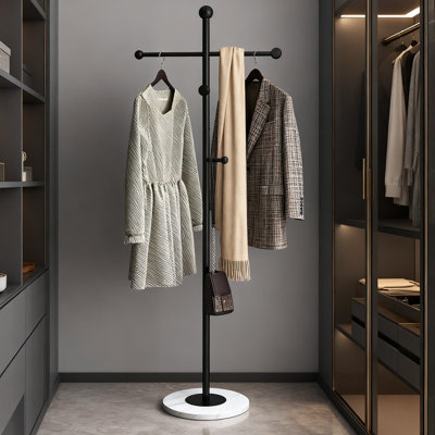 Modern Freestanding Coat Rack With Heavy-Duty Metal Frame And Natural Marble Base, 8-Hook T-Shaped Design For Entryway, Hallway, Bedroom, And Office Organization