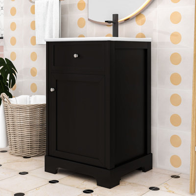 Meuble-lavabo de salle de bain avec lavabo en céramique, armoire à fermeture en douceur, tablette réglable et support de rangement