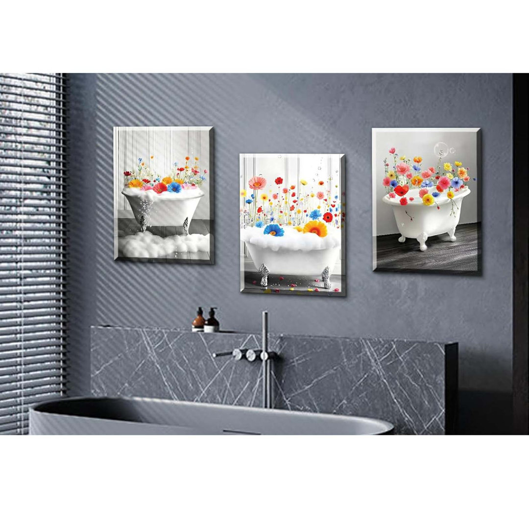 Bathroom Flowers Canvas Wall Art,Set Of 3 Framed Colorful Plant Art Posters,Wildflower Pictures Wall Art Decor For Bathroom Living Room Bedroom Office