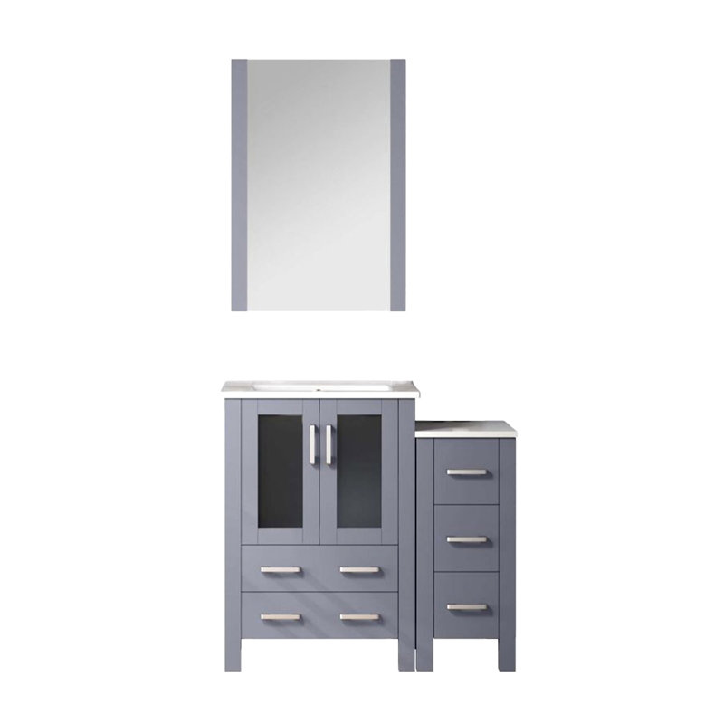 Meuble-lavabo gris foncé 36 po W, armoire latérale, surface en céramique blanche, miroir de 22 po, meuble-lavabo à fermeture douce et grand meuble-lavabo, commode, tiroirs