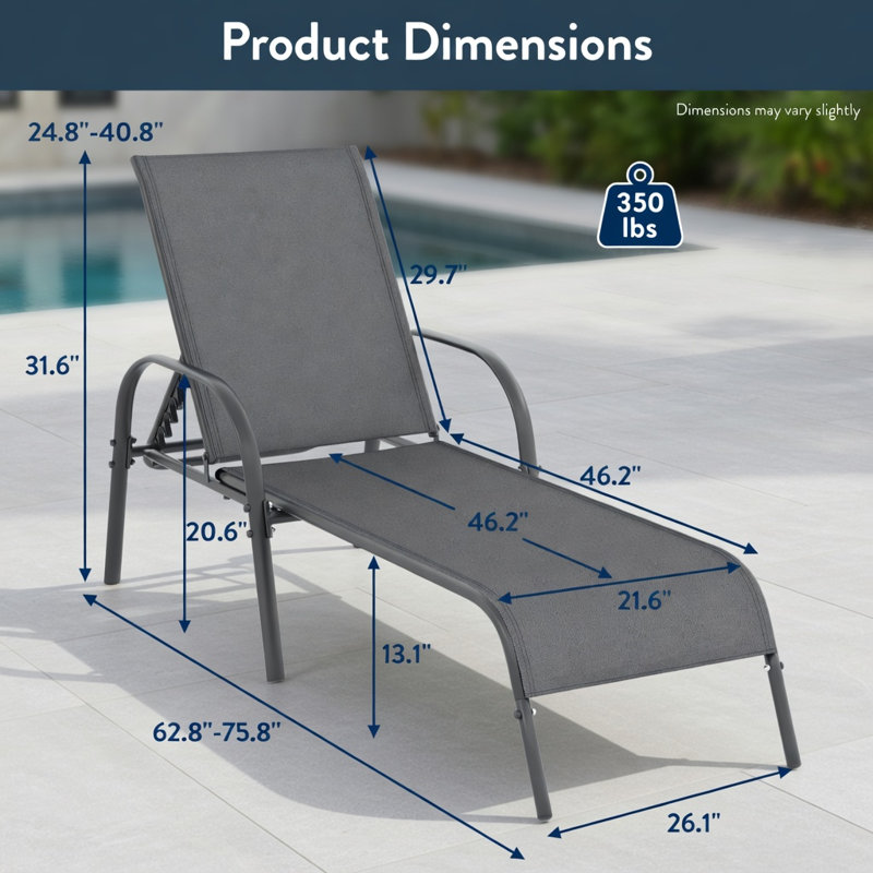 Chaise longue réglable pliante pour patio, piscine et cour arrière - gris foncé, structure en acier, dossier inclinable à 5 positions, capacité de 350 lb