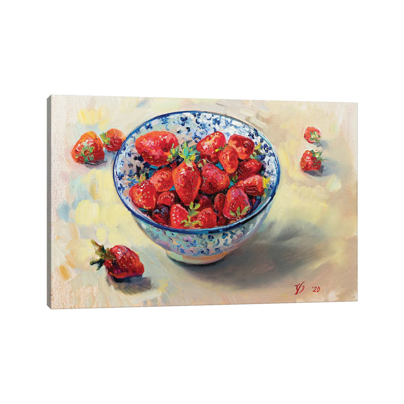 Strawberries In A Blue White Cup by Katharina Valeeva - Wrapped Canvas Painting, 20.32 cm H x 30.48 cm W