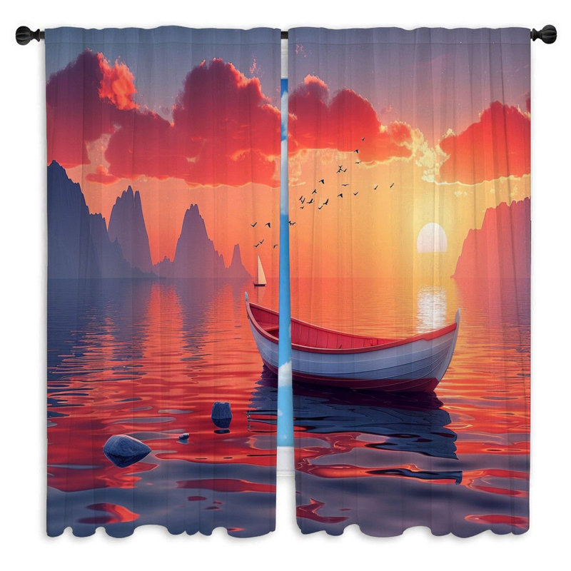 Sunset Scenery Window Curtains  Landscape Calm Sea View Drapes - 2 Panels, 20" W x 52" L