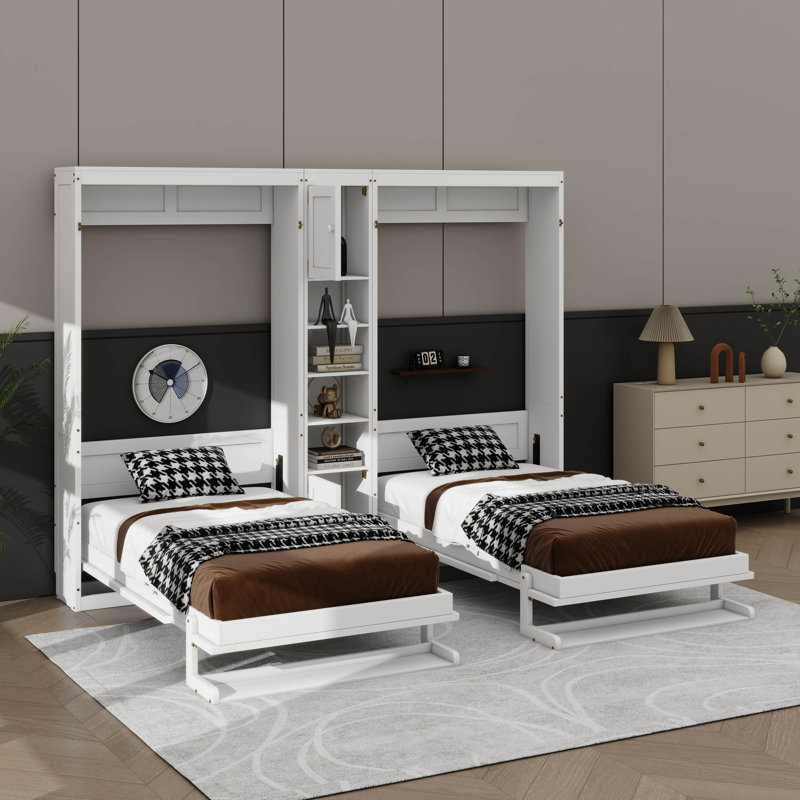 Lits simples escamotables doubles avec armoires et tablettes, Blanc