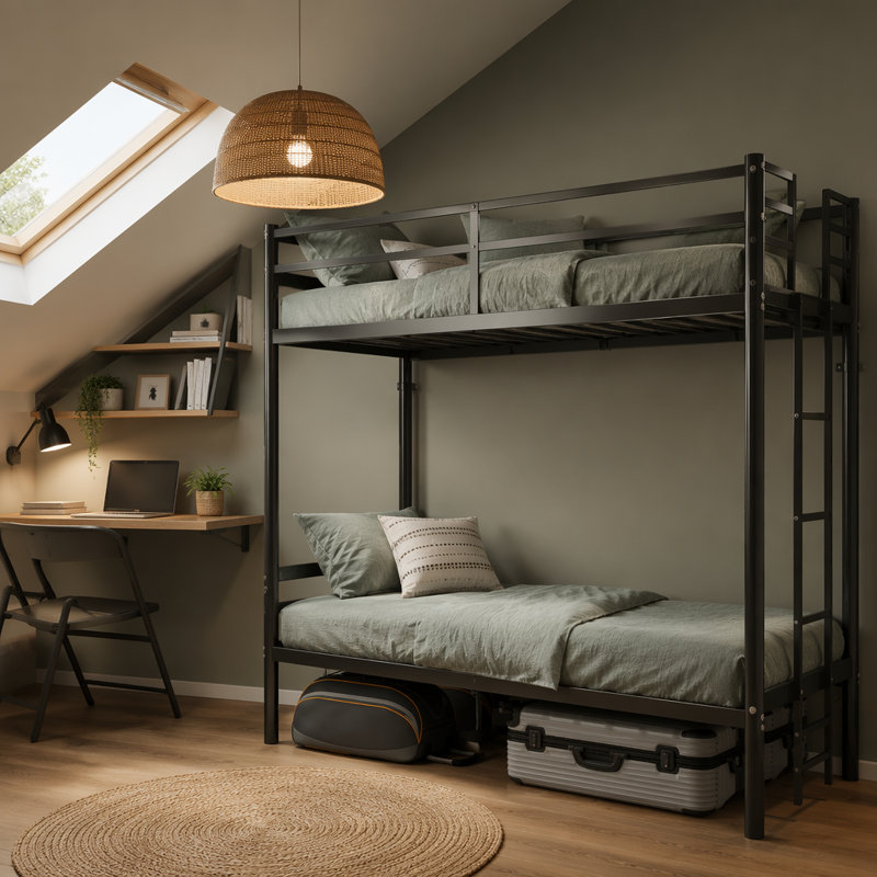 Lit superposé avec échelle et garde-corps haut, capable de se diviser, lit superposé en métal, espace de rangement, silencieux, taille simple sur simple, noir