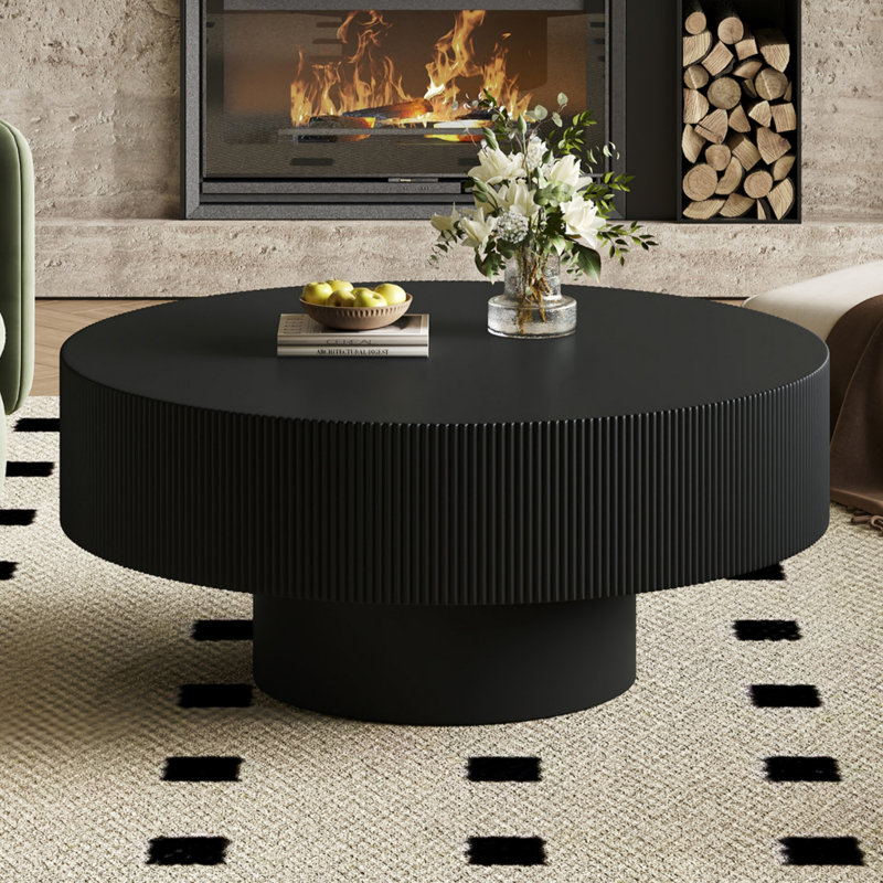 Table basse ronde, conception de tambour cannelé, élégant et chic moderne, déclaration de salon, Noir
