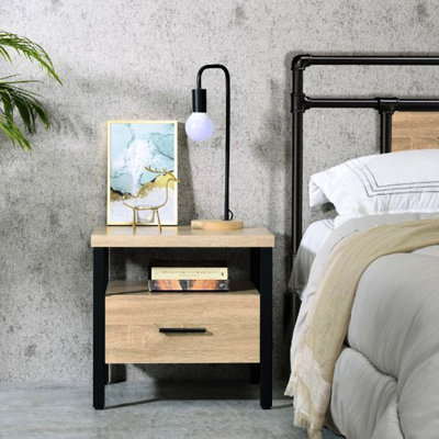 Table de chevet en chêne rustique et noir avec tablette de tiroir, 1 pièce, style industriel