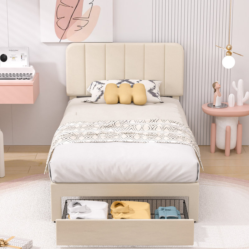 Huntsville 4-Drawer Velvet Upholstered Platform Bed, Beige, Twin