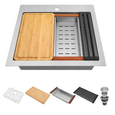 LQS 25" L x 22" W 16 Gauge Stainless Steel Drop In Single Bowl Workstation Kitchen Sink with Accessories