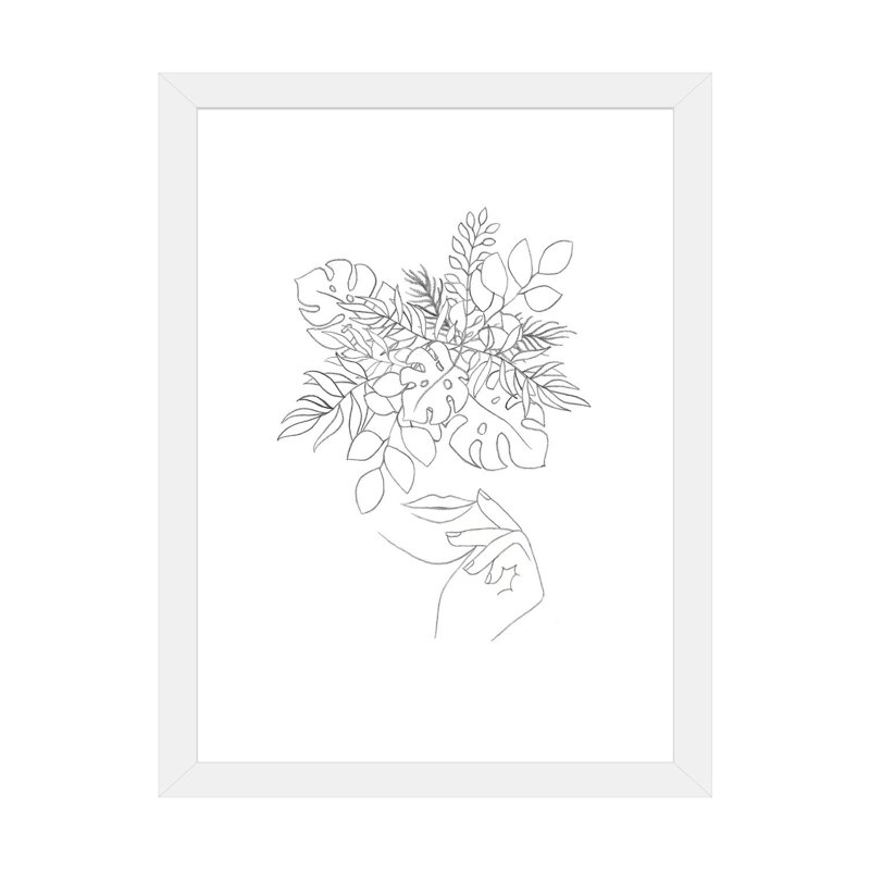 Line Art Woman and Plants - impression d'art graphique, H 24 po x l 16 po x P 1 po, Papier encadré blanc, Blanc