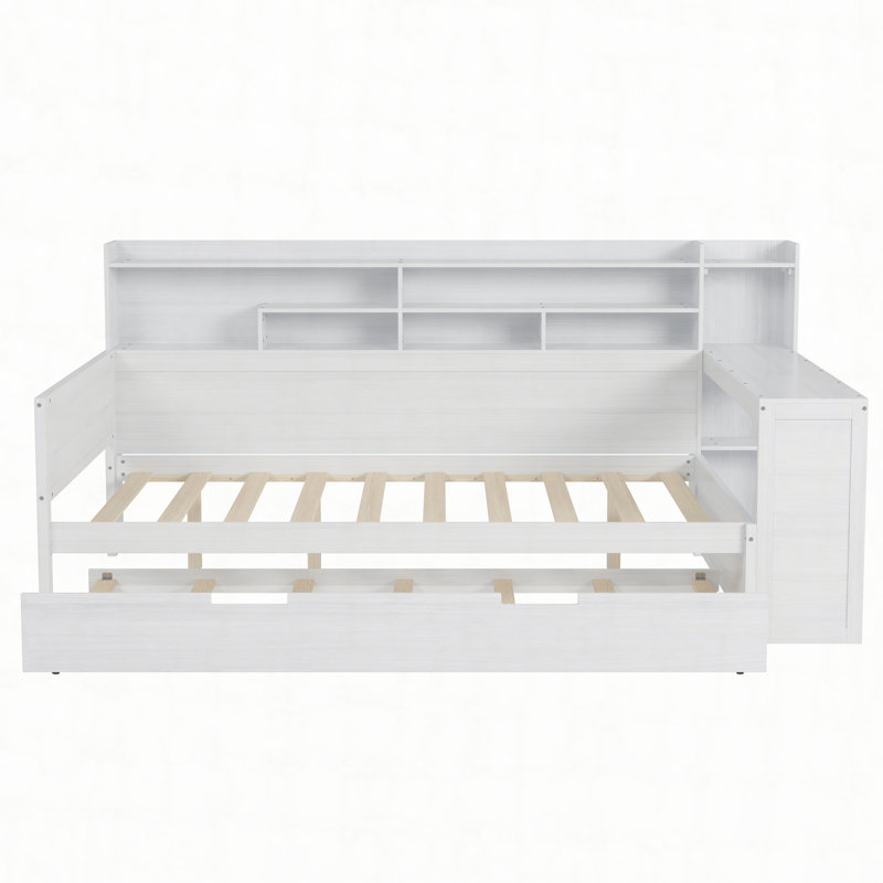 Wooden Daybed with Storage Shelves, Multi-functional Bed with Trundle Bed and Study Desk, Natural, Twin