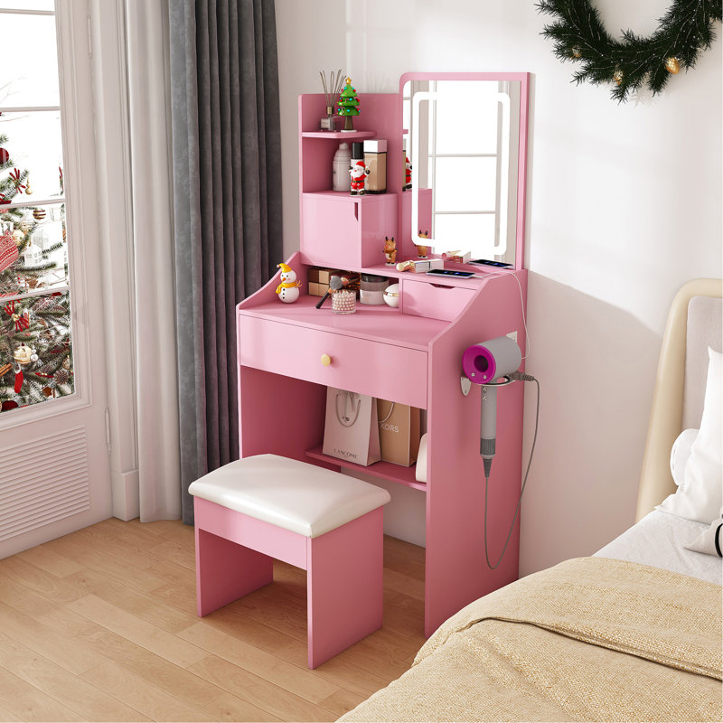 Miroir de coiffeuse 3 couleurs à DEL avec tabouret, coiffeuse rose pour la chambre à coucher, 2 tiroirs et 5 armoires de rangement (4 ouvertes + 1 cachée), éclairage réglable (rose)