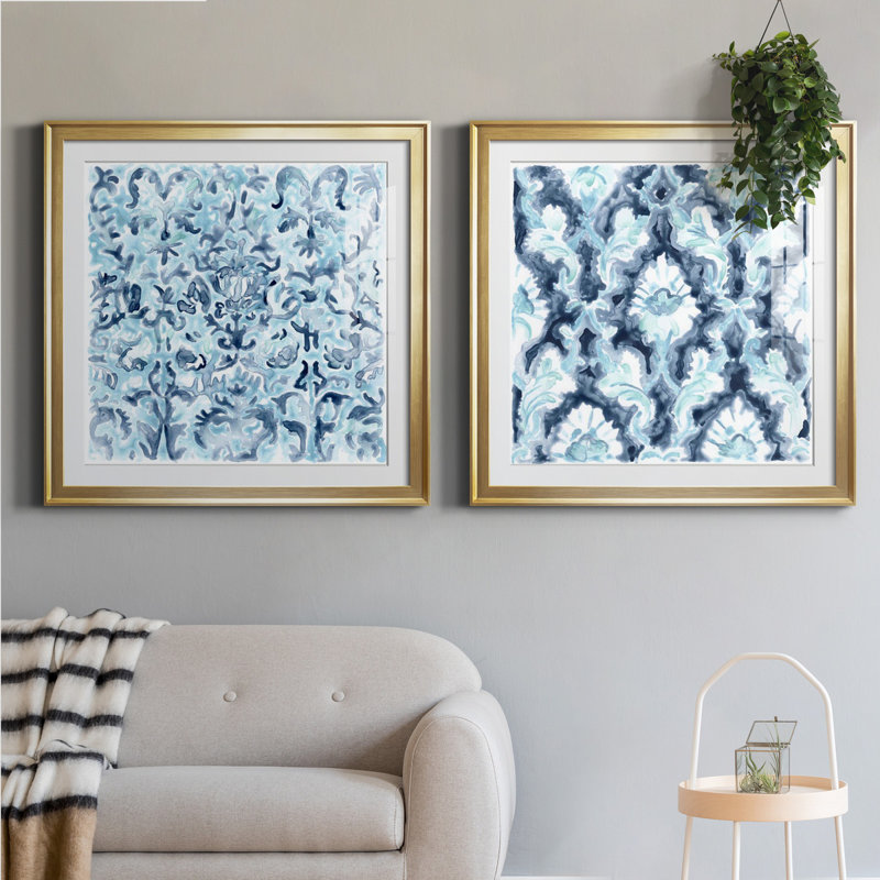 Carreau de mosaïque bleu azur III - Ensemble de cadres photo 2 pièces, Papier encadré doré, H 34,5 po x l 69 po x P 1,5 po