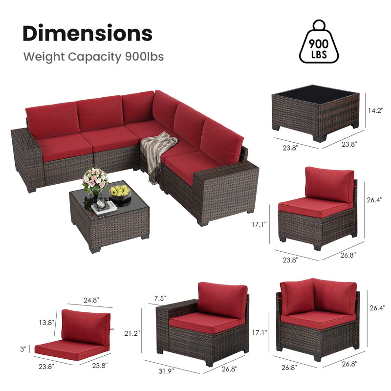 6 Piece Outdoor Sectional Sofa Set With Wide Armrest, Red