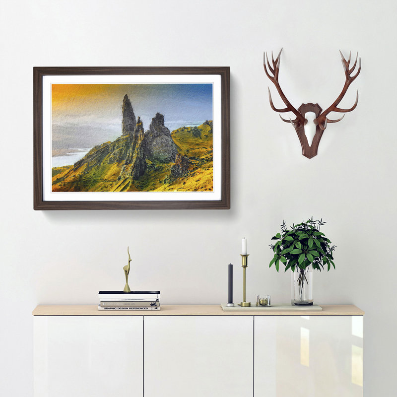 The Old Man of Storr in the Isle of Skye Scotland - Picture Frame Painting Print, 27cm H x 36cm W x 2cm D, Walnut Framed