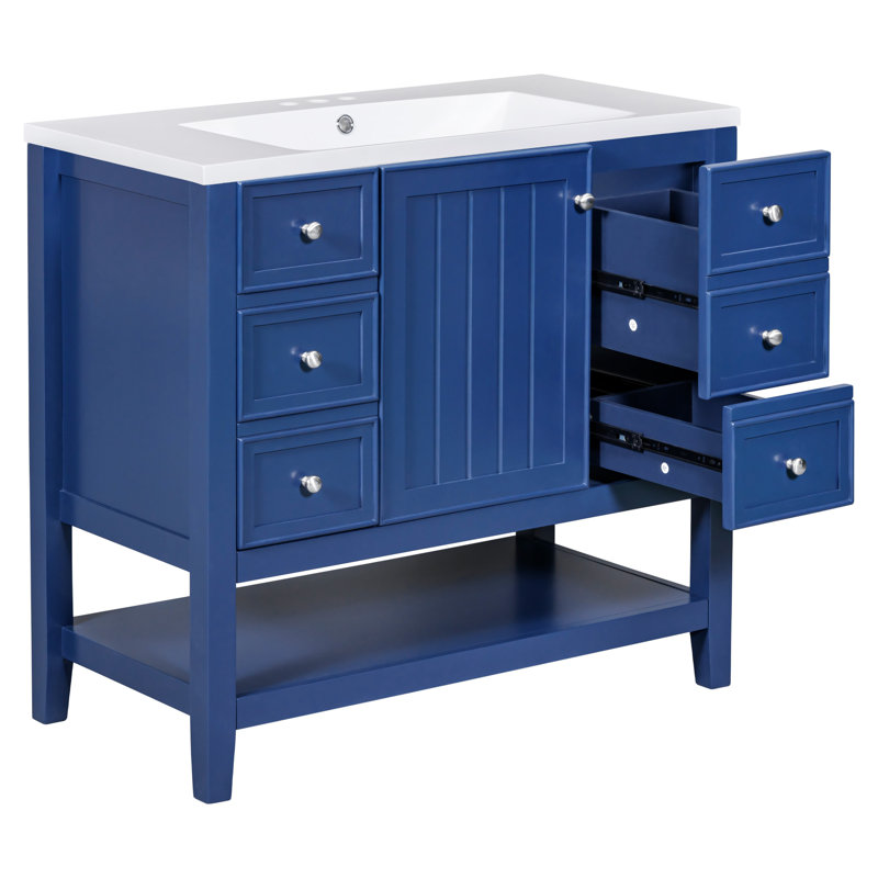 Meuble-lavabo 36 po avec lavabo et porte, armoire de rangement en céramique, Bleu