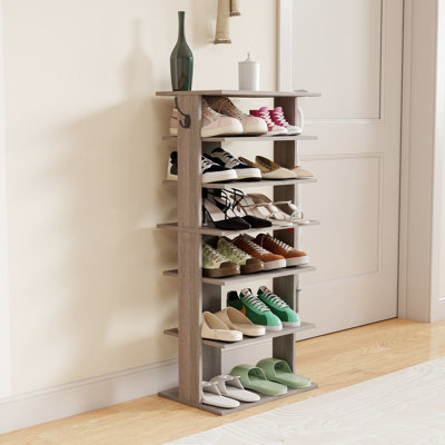7 Tier Shoe Rack, Rustic Gray, 12 - 14 Pairs Of Footwear, Hooks For Hanging Keys, Fast Setup Organizer, Capacity, Umbrellas, Space Saving, Assembly