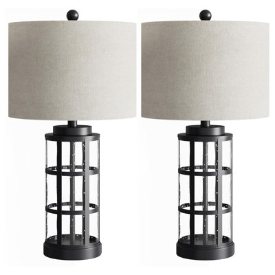 Set of 2 25" Black Glass Table Lamps with USB A+C Ports & 3-Way Dimmable for Bedroom, Nightstand