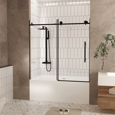 Porte de douche, l 56 po x H 60 po, verre trempé transparent de 1/4 po (6 mm), pellicule résistante, poignée confortable et sécuritaire, poignée en acier inoxydable, surface lisse pour salle de bain noire matte, noir, bon passage