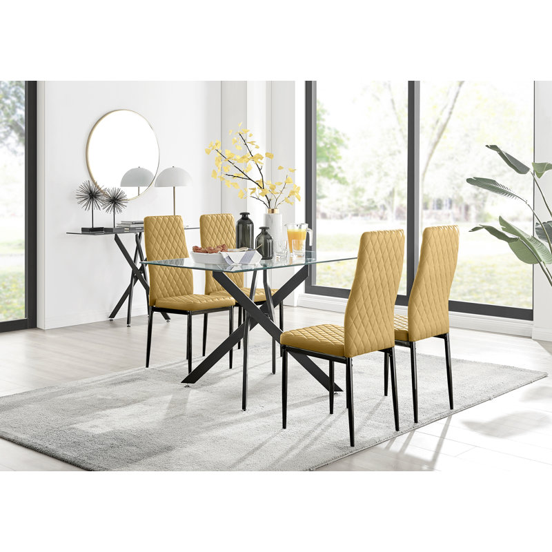 Lenworth Glass Rectangular Dining Table Set with 4 Quilted Velvet Dining Chairs, Black, Mustard