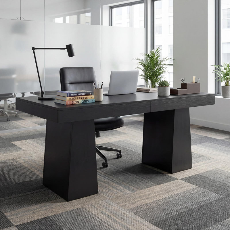 55" Mid Century Modern Executive Desk, Black Wood Office Desk with Double Trapezoid Base
