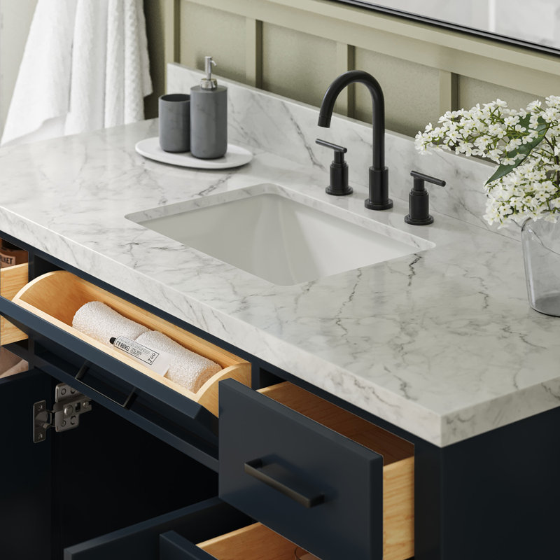 Meuble-lavabo simple en bois massif 54 po avec lavabo en marbre Carrara de 1,5 po Thornaby, Bleu minuit / noir mat