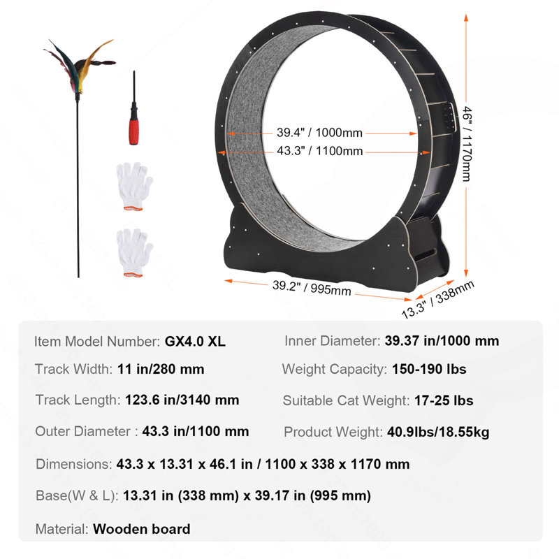 Roue d'exercice pour chat 43,3 po Grande roue de tapis roulant pour chats d'intérieur, 7.68" H x  42.13" W x  16.93" D, Noir