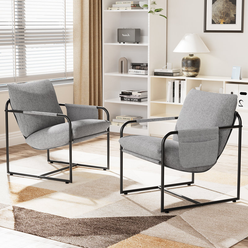 Chaise d'appoint rembourrée avec pochette de rangement, Lin gris / similicuir