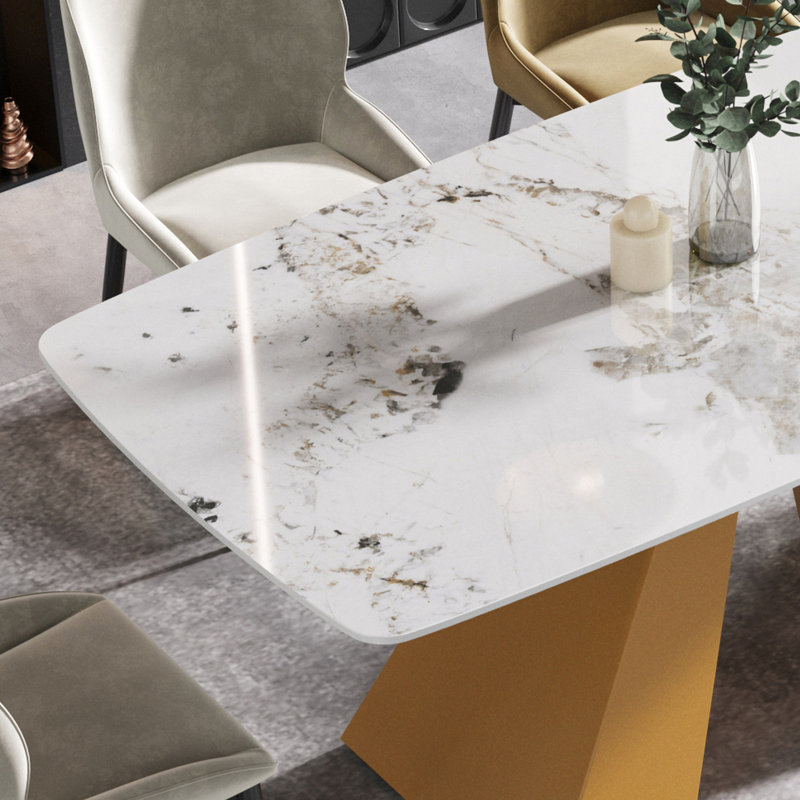 Table blanche de 63 po, panneau en pierre frittée solide, table facile d'entretien pour 6 personnes, sans substances nocives