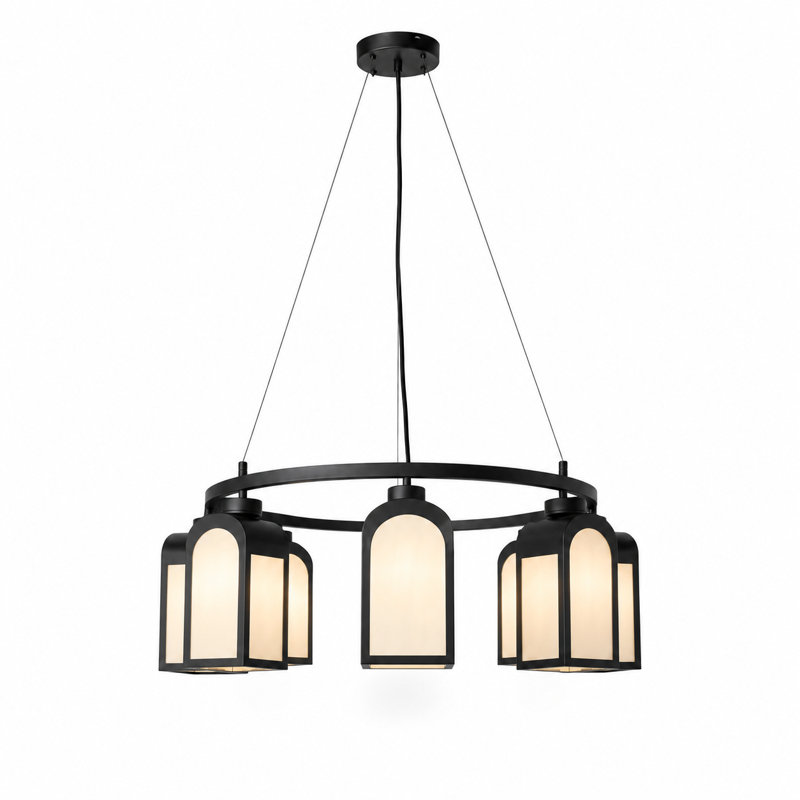 Lustre moderne en fer noir avec abat-jour en verre givré blanc, H 80 po x l 31 po x P 31 po
