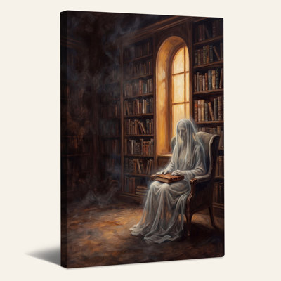 Figure spectrale lisant dans une bibliothèque, toile murale d'Halloween