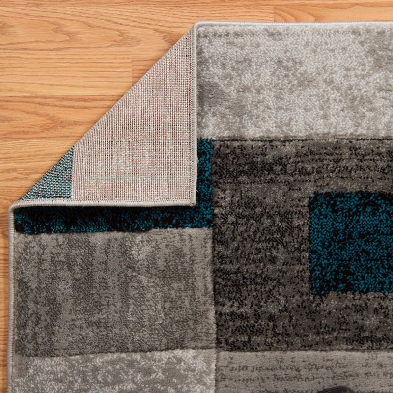 Tapis de couloir gris / bleu turquoise, 5 pi 3 po x 7 pi 2 po
