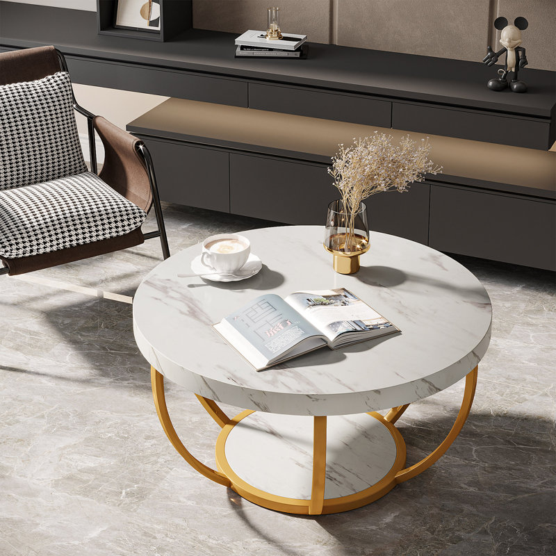 Table basse ronde à 2 niveaux avec rangement Adalise, Blanc, Doré