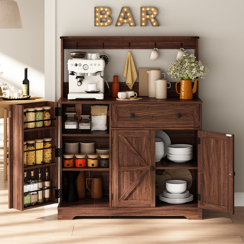 Armoire-bar 39,4 po avec crochets et station de charge avec tablettes supérieures, Brun