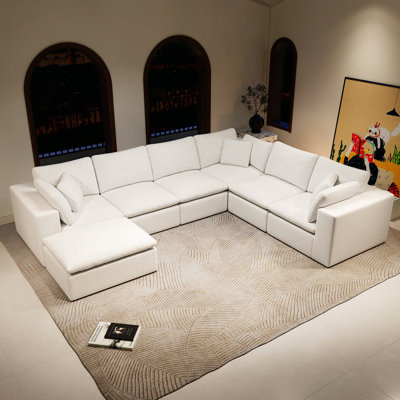 Siège modulaire blanc, canapé rembourré en velours côtelé pour chambre à coucher, sans assemblage requis, 7 sièges 137,8 x 108,3 po, avec salon, combinaison de 7 pièces, requis