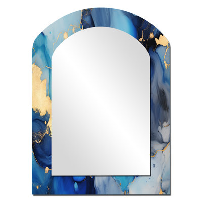 Koehl Blue and Gold Luxury Abstract Fluid Art II - Fractals Asymmetrical Unique Mirror, Blue Arch Large Wall Mirror, Printed Metal Art